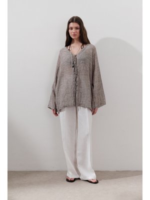 Kahverengi Keten Karışımlı Bağlamalı Bluz