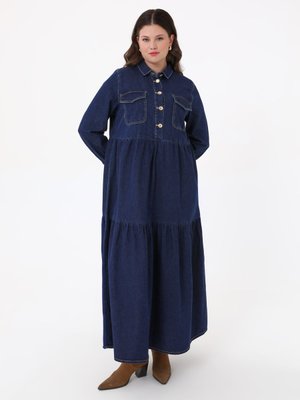 Lacivert Büyük Beden Katlı Denim Elbise Lacivert Büyük Beden Katlı Denim Elbise