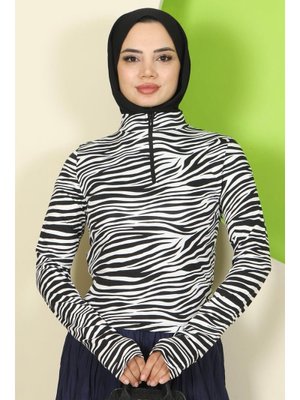 Beyaz Zebra Desen Fermuarlı Body Beyaz Zebra Desen Fermuarlı Body