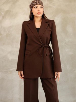 Kahve Blazer Yandan Bağlamalı Şık Ve Rahat Ceket