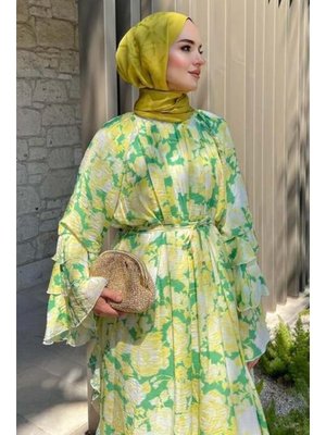 Yeşil Yan Fırfır Detaylı Çiçekli Elbise