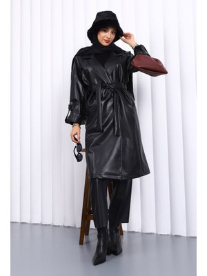 Siyah Kruvaze Yaka Kemerli Deri Trençkot Siyah Kruvaze Yaka Kemerli Deri Trençkot