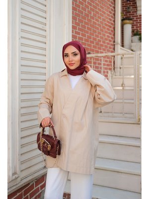 Krem Kruvaze Yaka Keten Ceket Krem Kruvaze Yaka Keten Ceket