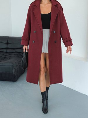 Bordo Kuşaklı Apolet Detaylı Astarlı Kaşe Kaban