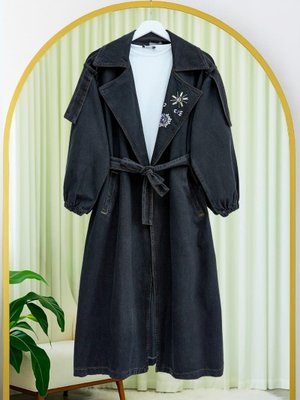 Siyah Önü Taş Detaylı Beli Bağcıklı Kot Trençkot