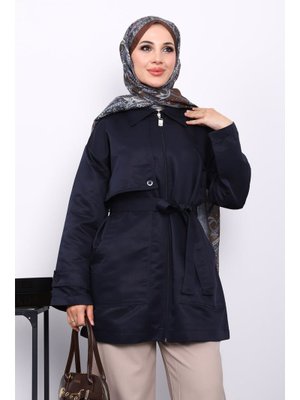 Lacivert Cep Detaylı Kuşaklı Ceket