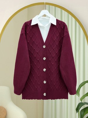 Bordo V Yaka Büyük Düğmeli Desenli Triko Hırka