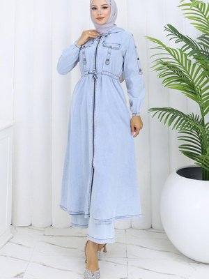 Buz Mavisi Kapüşonlu Beli Bağcıklı Kot İkili Takım Buz Mavisi Kapüşonlu Beli Bağcıklı Kot İkili Takım