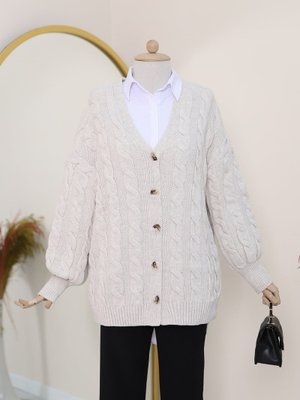 Taş Saç Örgülü Düğmeli Triko Hırka