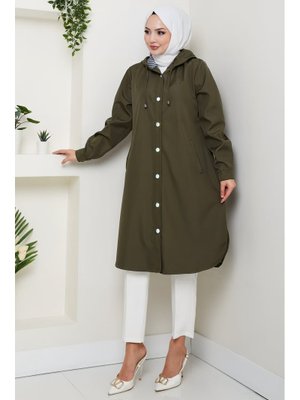 Haki Astarı Çizgili Yan Cepli Kapüşonlu Trençkot