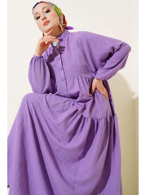 Hakim Yaka Yarım Düğmeli Patlı Elbise Çok Renkli Lila