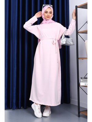 Toz Pembe Bisiklet Yaka Bel Kuşaklı Elbise Toz Pembe Bisiklet Yaka Bel Kuşaklı Elbise