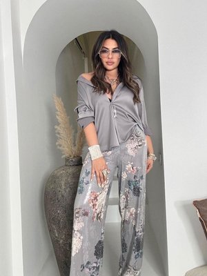 Gri Payetli Çiçek Desen Pantolon Gri Payetli Çiçek Desen Pantolon