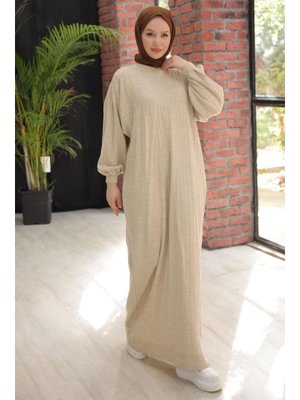 Krem Bisiklet Yaka Balon Kol Triko Elbise Krem Bisiklet Yaka Balon Kol Triko Elbise