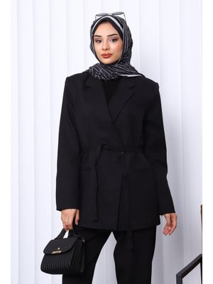 Siyah Kruvaze Yaka Düğmeli Blazer Ceket
