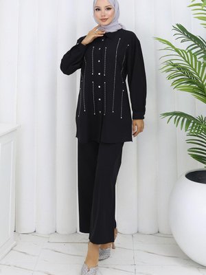 Siyah Taş Detaylı İkili Takım Siyah Taş Detaylı İkili Takım