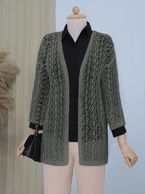 Haki Yarım Kol Ajurlu Kısa Hırka