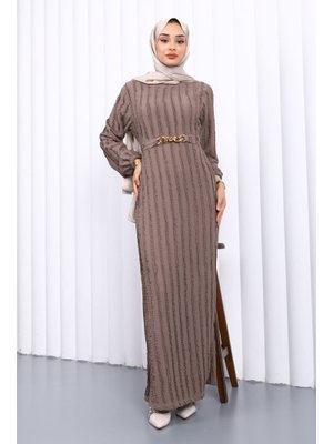 Vizon Beli Kemerli Fırfır Detaylı Gofre Elbise Vizon Beli Kemerli Fırfır Detaylı Gofre Elbise