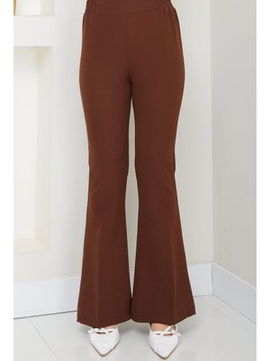 Kahverengi Beli Lastikli İspanyol Paça Kumaş Pantolon Kahverengi Beli Lastikli İspanyol Paça Kumaş Pantolon