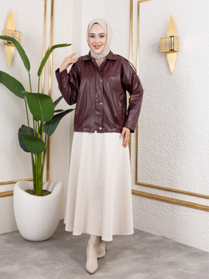 Bordo Deri Astarlı Fermuarlı Ceket