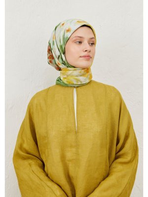 Sprıng Flora Desen Pamuk Vual Eşarp Orman