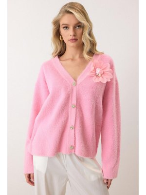 Pembe Çiçek Aksesuarlı Soft Triko Hırka