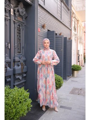 Pembe O Yaka Çiçek Desenli Büzgülü Elbise 46) Pembe O Yaka Çiçek Desenli Büzgülü Elbise 46)