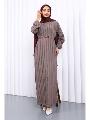 Gri Beli Kemerli Fırfır Detaylı Gofre Elbise Gri Beli Kemerli Fırfır Detaylı Gofre Elbise