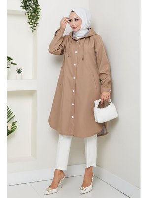 Vizon Astarı Çizgili Yan Cepli Kapüşonlu Trençkot