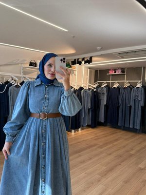 Mavi Önden Full Düğmeli İnce Kemerli Denim Kot Pardesü Mavi Önden Full Düğmeli İnce Kemerli Denim Kot Pardesü