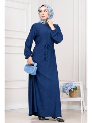 Saks Mavi Beli Tünelli Fitilli Aslı Elbise Saks Mavi Beli Tünelli Fitilli Aslı Elbise