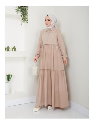 Bej Viskon Kumaş Yaka Gömlek Elbise