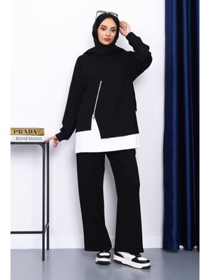 Siyah Fermuar Detaylı Modal Tunik Pantolonlu Takım Siyah Fermuar Detaylı Modal Tunik Pantolonlu Takım