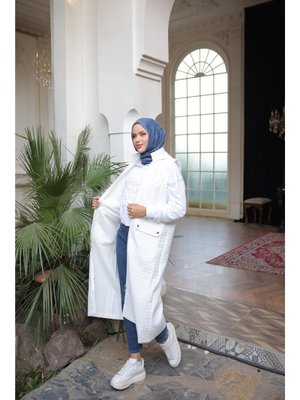 Krem Kapüşonlu Fermuarlı Kolsuz Önden Cepli Kapitone Uzun Yelek 46)