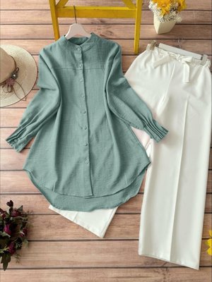 Mint Kol Manşeti Drapeli Oval Kesim Gömlek