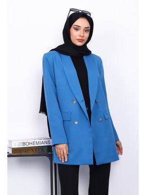 İndigo Düğmeli Kruvaze Yaka Krep Ceket İndigo Düğmeli Kruvaze Yaka Krep Ceket