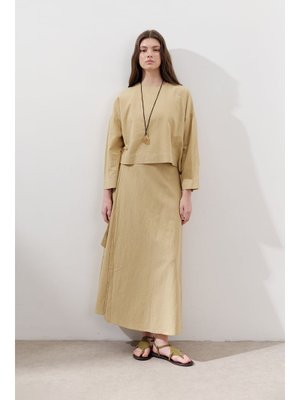 Sarı Pamuklu Geniş Kol Crop Bluz