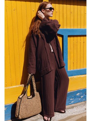 Acı Kahve Müslin Bağlamalı Pantolon Acı Kahve Müslin Bağlamalı Pantolon