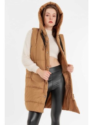 Sütlü Kahve Kapüşonlu Cepli Şişme Yelek Sütlü Kahve Kapüşonlu Cepli Şişme Yelek