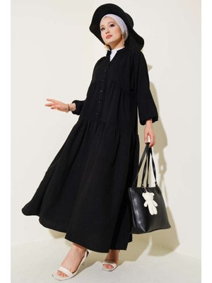 Siyah Hakim Yaka Yarım Düğmeli Patlı Elbise