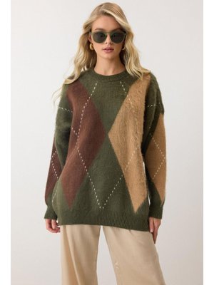 Haki Baklava Desen Oversize Triko Kazak