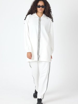 Ekru Fermuar Kapamalı Şerit Detaylı Gömlek Yaka Pamuklu Örme Alt Üst Takım