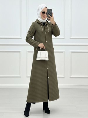 Haki Yakası Zincir Detaylı Uzun Kapitone Kaban