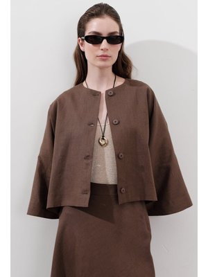 Keten Geniş Kollu Kısa Ceket Tozlu Kahve Keten Geniş Kollu Kısa Ceket Tozlu Kahve