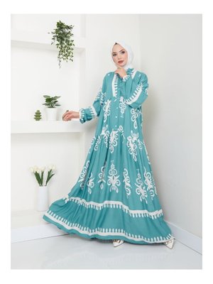 Yeşil Etnik Desenli Elbise