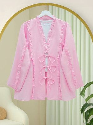 Pembe Önü Ve Kolu Fırfırlı Bağlamalı Keten Gömlek