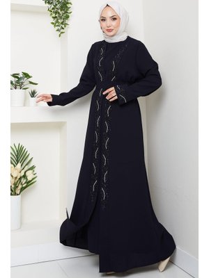 Lacivert Kuşaklı Taş Detaylı Abaya Lacivert Kuşaklı Taş Detaylı Abaya