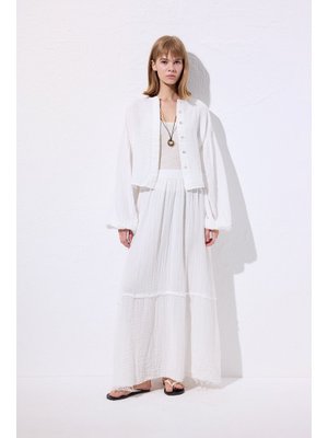 Ekru Müslin Balon Kol Kısa Bluz