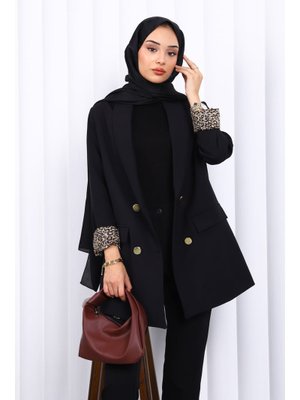 Siyah Kruvaze Yaka Düğmeli Blazer Ceket