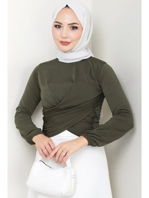 Haki Bisiklet Yaka Büzgülü Sandy Bluz Haki Bisiklet Yaka Büzgülü Sandy Bluz